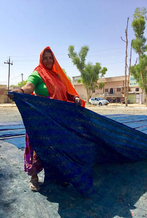 Femme en Inde étendant un tissu bleu indigo