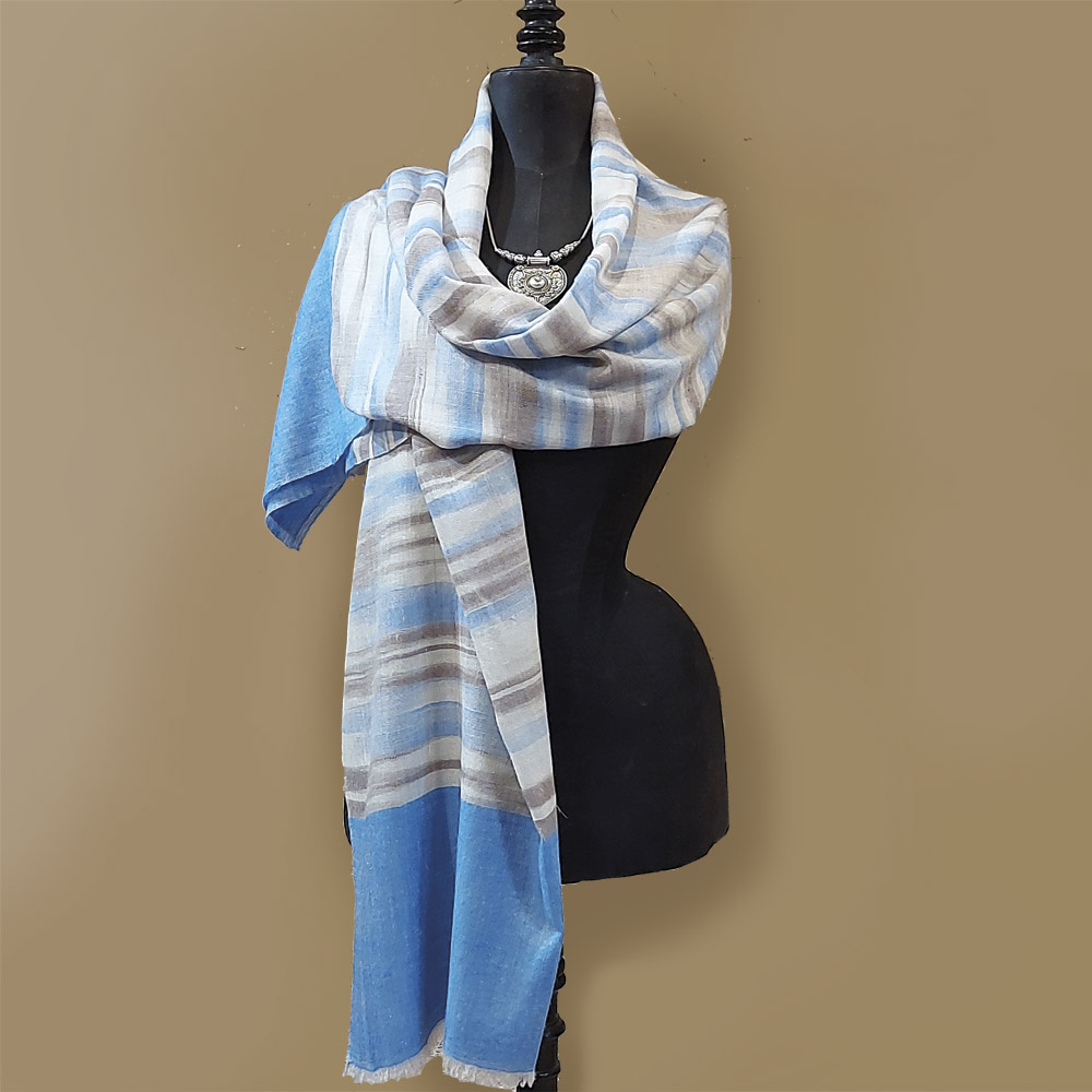 étole cachemire pashmina bleu marron écru à rayures tissage ikat