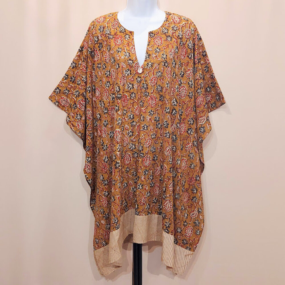 fleurs rouge bleu sur ocre face 1k Tunique mi longue Caftan artisanale