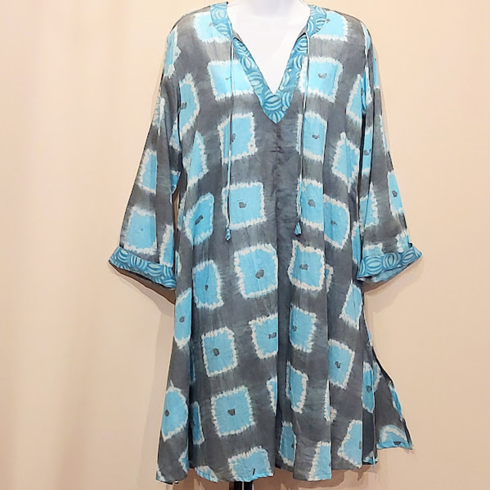 sundress avec manche bleu et enc 1k Robe tunique mi longue avec manches